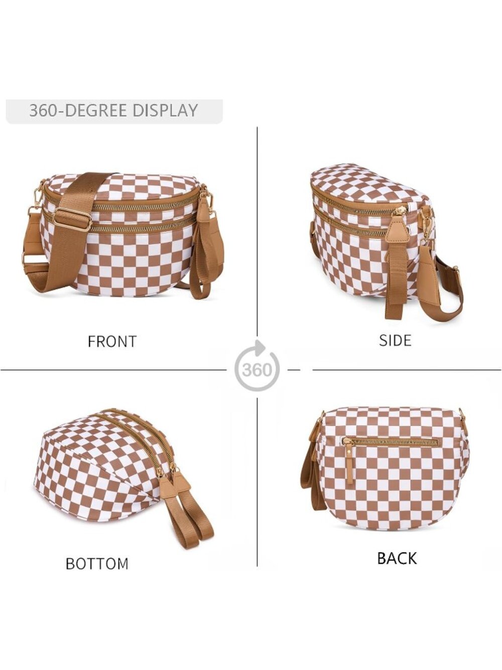 Women's Brown Spacious Checkered Double-Zipper Compartment Fashion Crossbody Bag - Picture 6 of 6